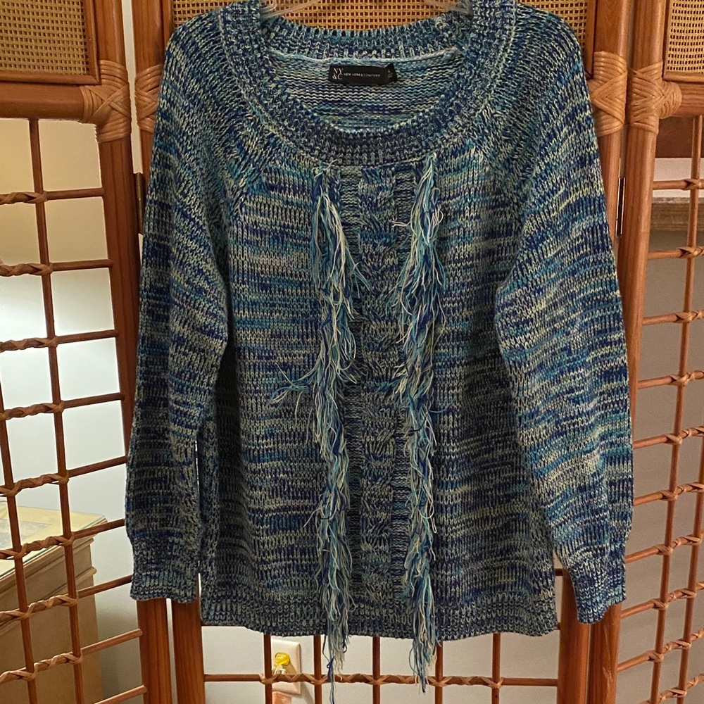 New York & Company Blue Multitone Cable-Knit Fringe Sweater